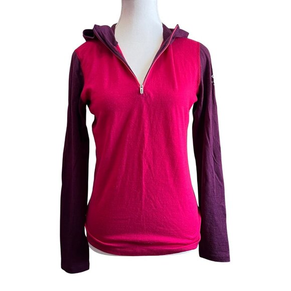 ICEBREAKER PURPLE PINK BODYFIT 200 MERINO WOOL RAGLAN SLEEVE HOODED LONG TEE TOP - Picture 2 of 11